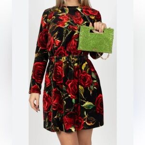 Black and Red Rose Dress Long Sleeve Velvet Overlay S New Floral Flower Classic